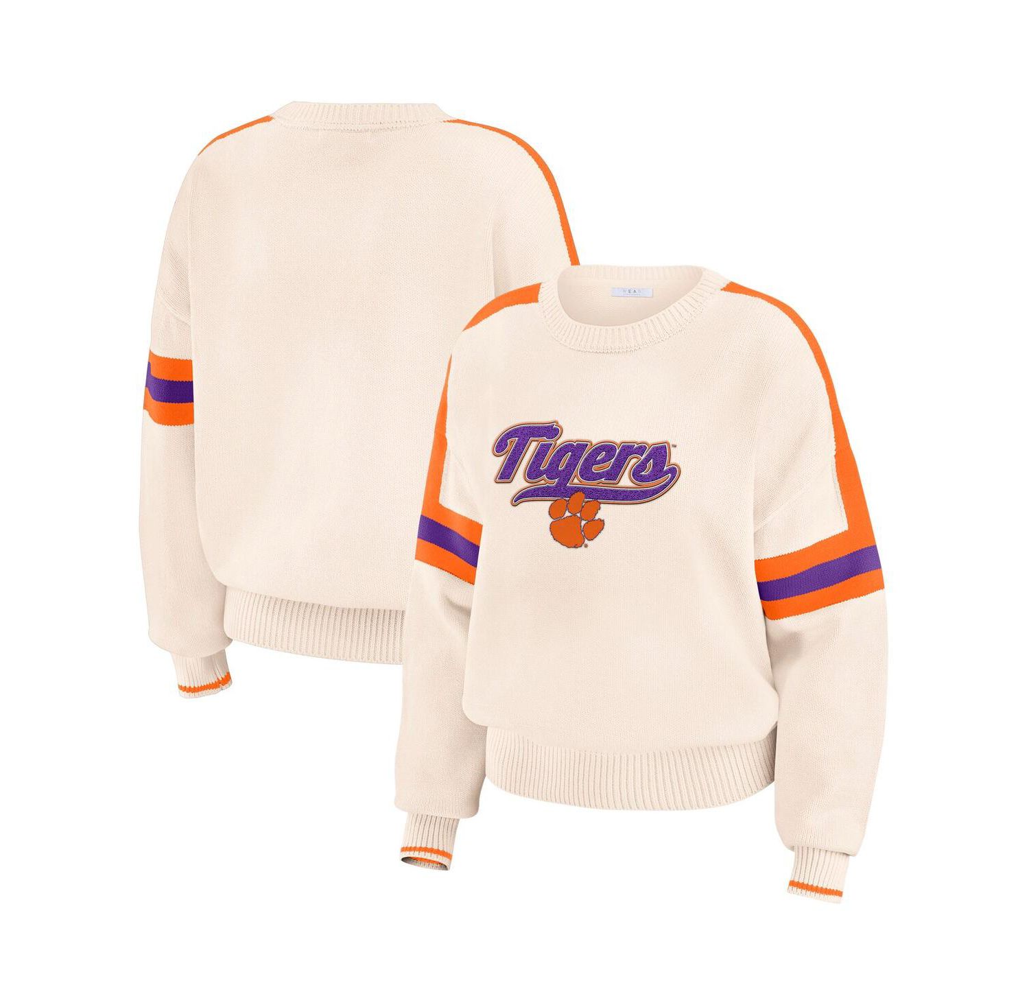 Women's Cream Clemson Tigers Chenille Woven Patch Stripe Pullover Sweater