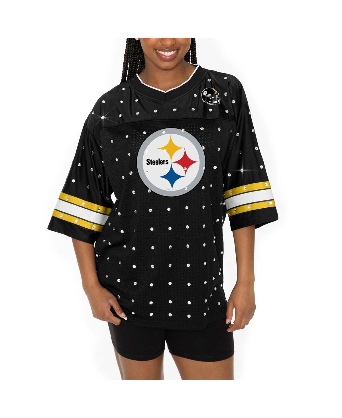 Gameday Couture Women's Black Pittsburgh Steelers Kickoff Time Allover Rhinestone Sports Stripe Jersey V-neck T-shir In Black