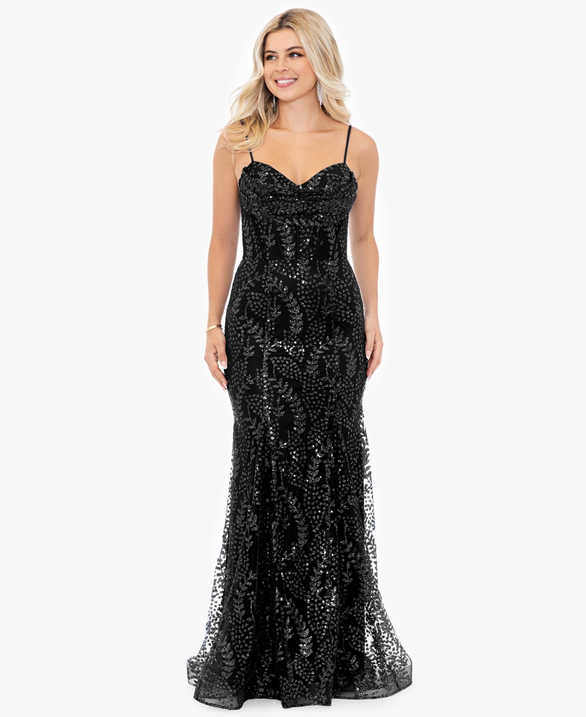 Juniors' Glitter Mesh Corset Gown - Black