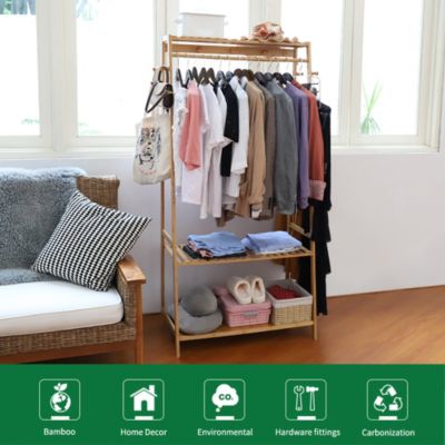 Bamboo Clothes Rail Stand Garment Storage Rack with Shoe Shelf for Bedroom and Living Room