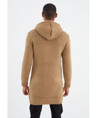 Men's Men s Long Hooded Knit Coat-Style Cardigan with Toggle Closure