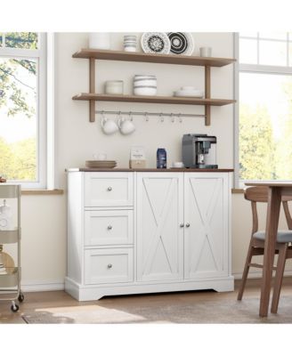 Farmhouse Kitchen Cabinet with 3 Drawers, 2 Barn Doors, and Spacious Countertop for Storage and Display