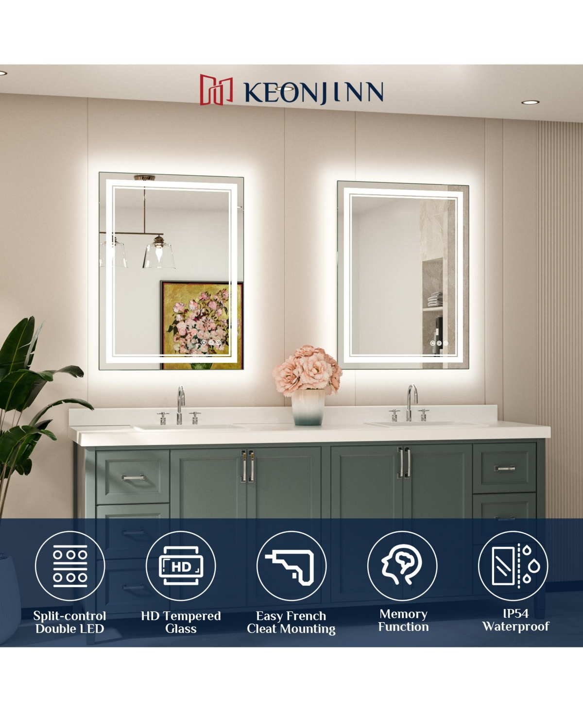 keonjinn 40x32 Led Bathroom Mirror with Frontlit and Backlit