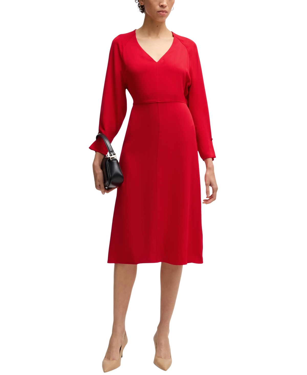 Hugo Boss V-neck Dress With Button Cuffs In Bright Red