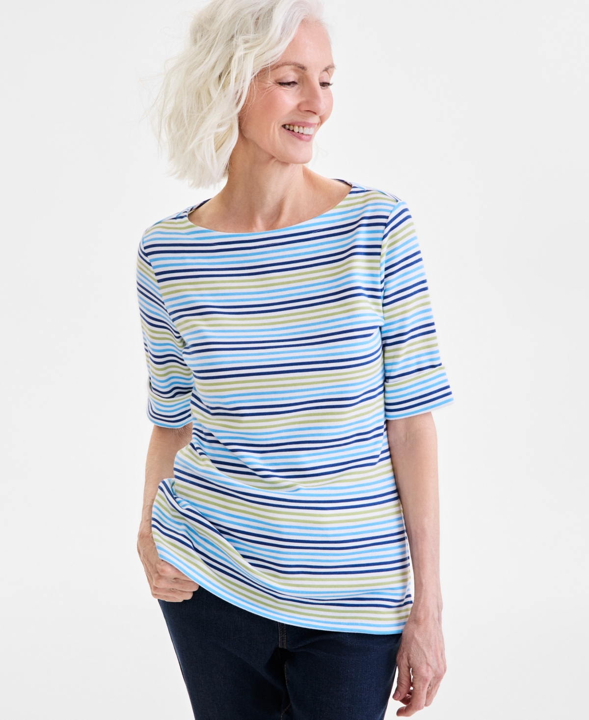 Style & Co Plus Size Striped Elbow-sleeve Knit Top, Exclusively At Macy's In Movement Sky Blue