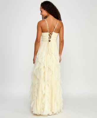 Juniors' Strappy Mesh Petal Ball Gown