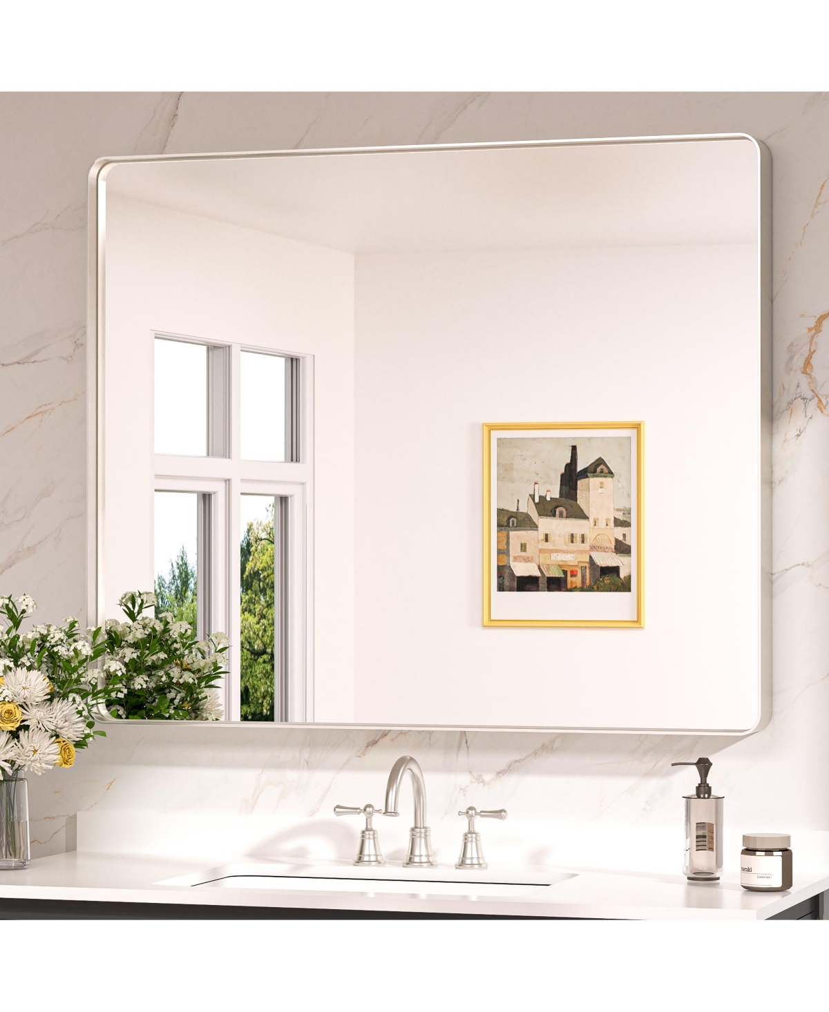 48x40 Inch Brushed Gold Bathroom Vanity Mirror Tempered Glass Metal Framed - Brushed nickel