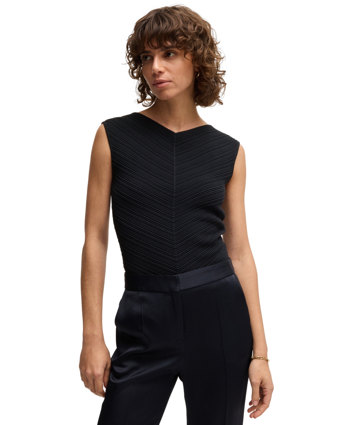 Hugo Boss Boss By  Women's Knitted Structure V-neck Top In Dark Blue