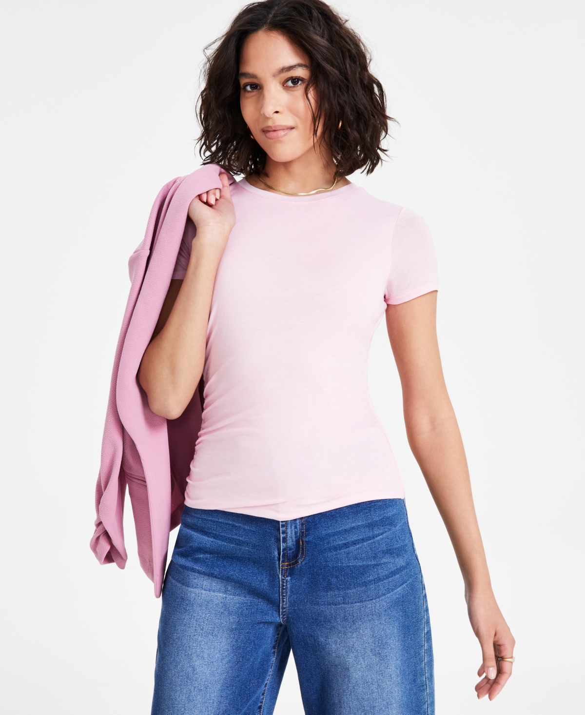 Bar Iii Women's Crewneck Ruched-front Short-sleeve T-shirt, Exclusively At Macy's In Orchid Pink