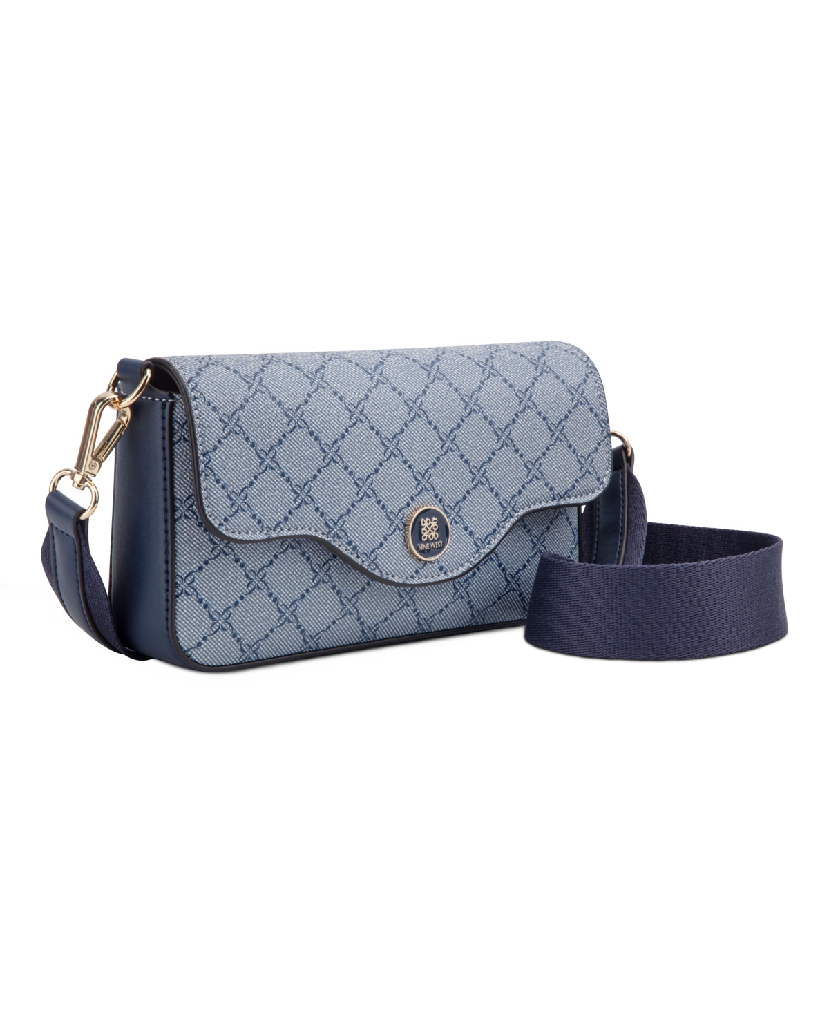 Shop Nine West Nalini Small Flap Crossbody Bag In Chambray Logo Navy