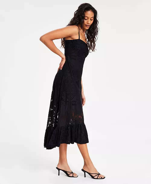 women's ruffled-hem lace midi dress, exclusively at macy's