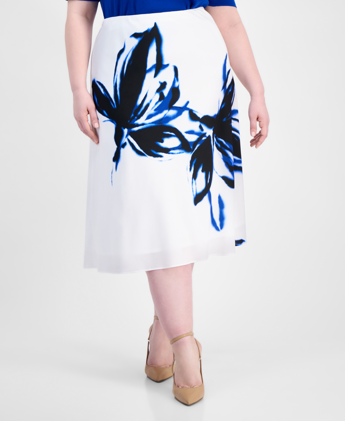Anne Klein Plus Size Flared Printed Skirt In Bright White Multi