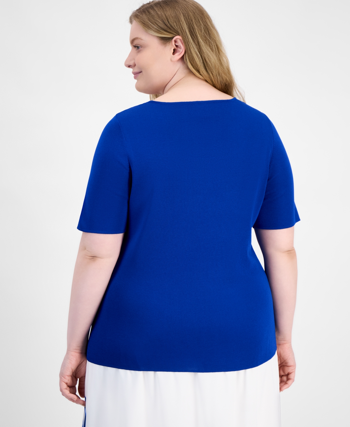 Anne Klein Plus Size Square Neck Sweater Printed Flared Skirt In Santorini Blue