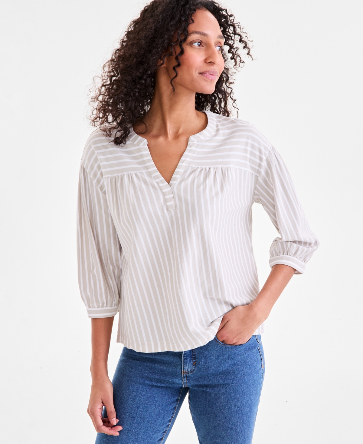 Style & Co Women's Striped 3/4-Sleeve Split-Neck Top, Exclusively at Macy's