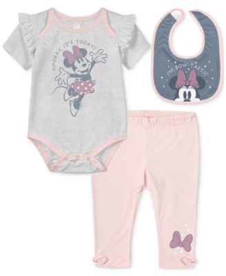 Disney - Baby Minnie Mouse Bib, Short-Sleeve Bodysuit & Pants, 3-Piece Set