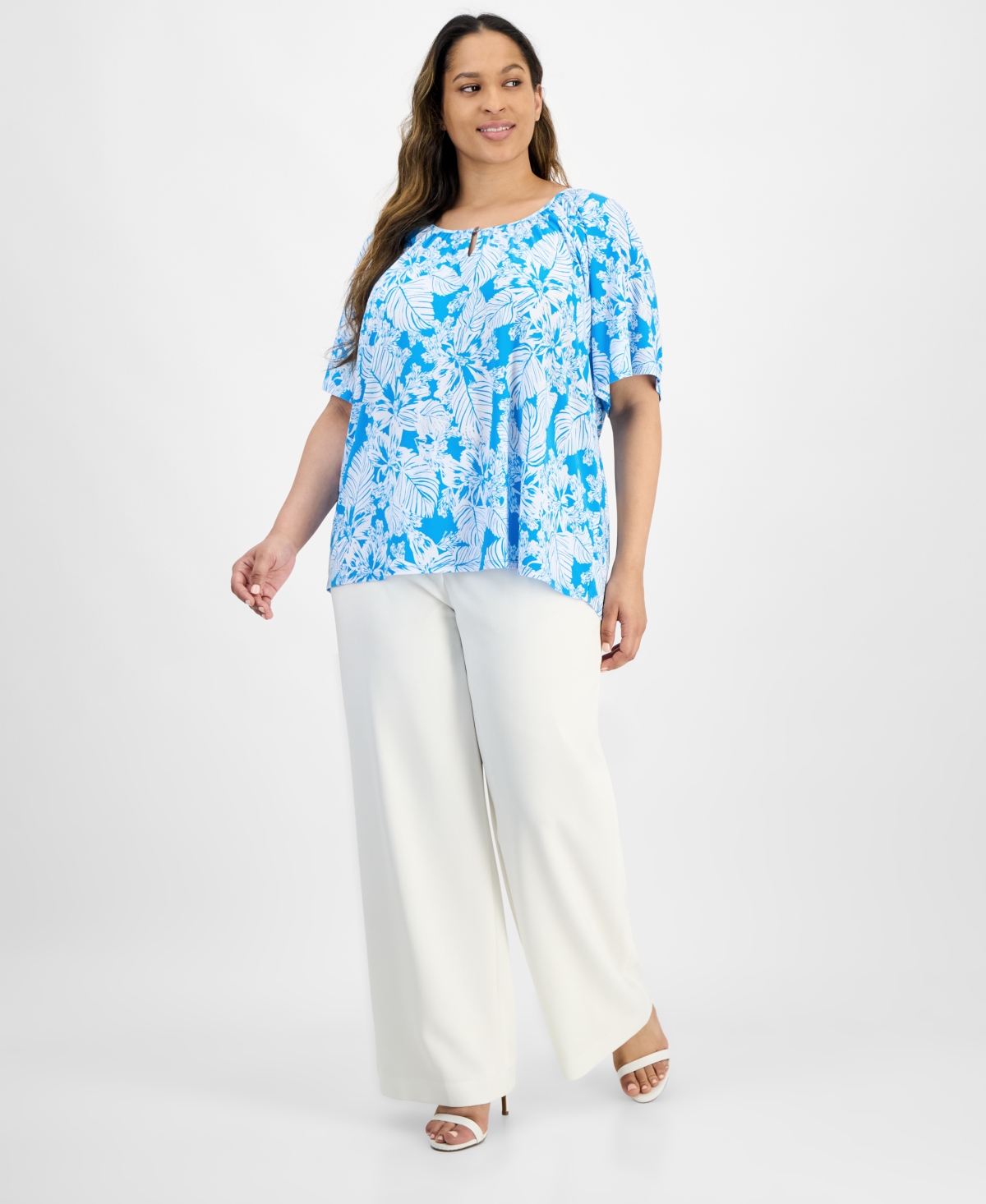 Ak Anne Klein Plus Size Printed Gathered Keyhole-neck Top In Tropical Blue,bright Wite