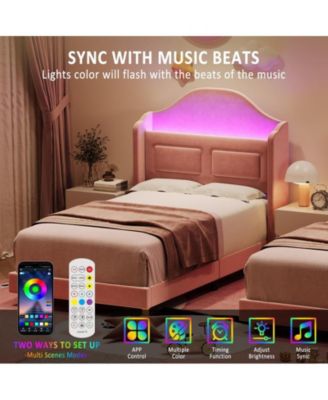 Upholstered Twin Bed Frame with LED Lights, Velvet Platform Bed Frame with Wing Back Storage Headboard, Wood Slats Support, No Box Spring Needed, Easy Assembly