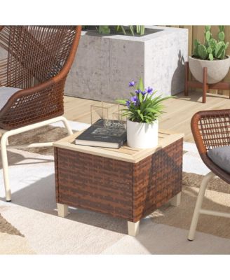 Outdoor Side Table with PE Rat, Patio End Table with Wood Top