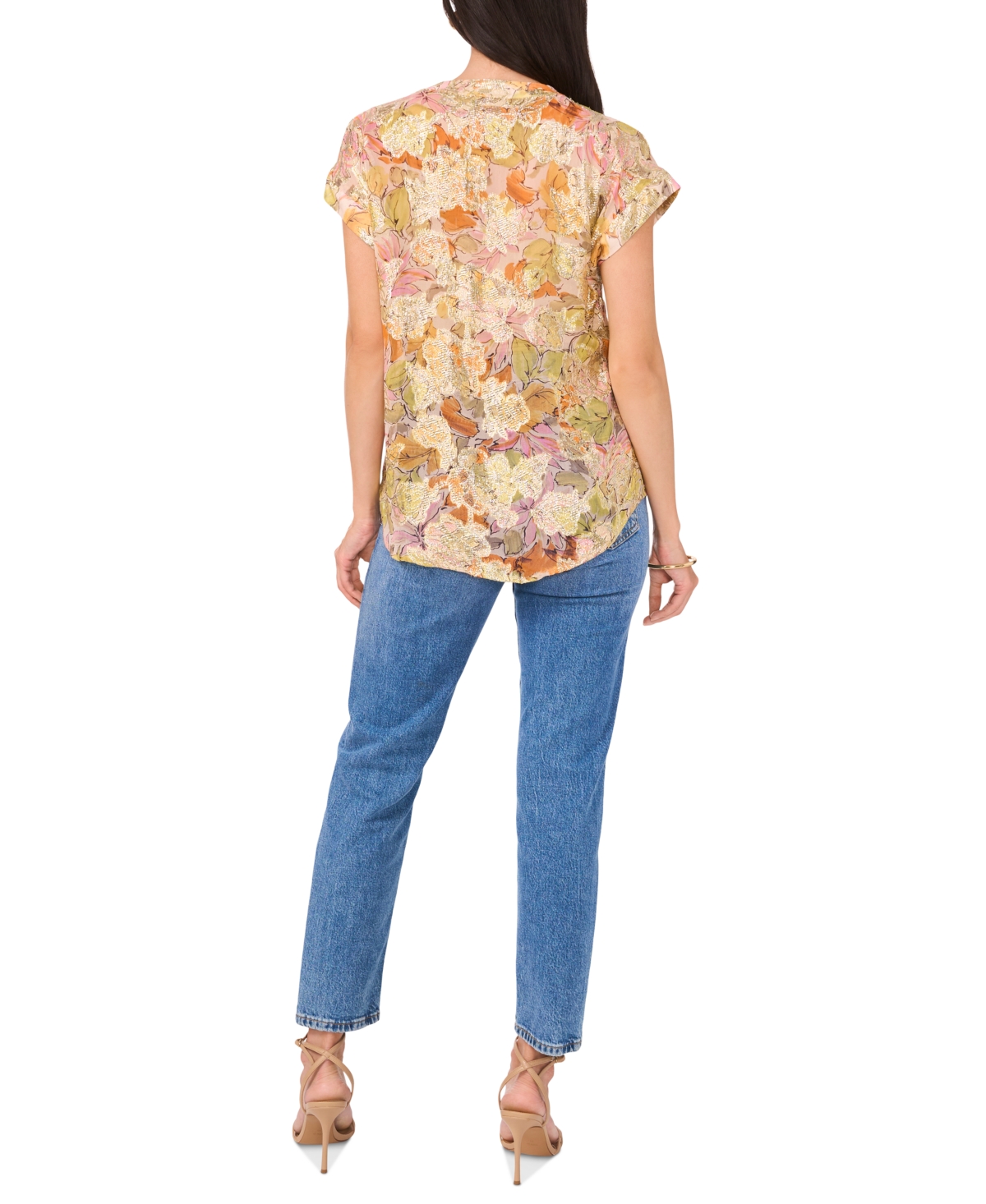 VINCE CAMUTO WOMEN'S FLORAL METALLIC SPLIT-NECK CAP-SLEEVE TOP 