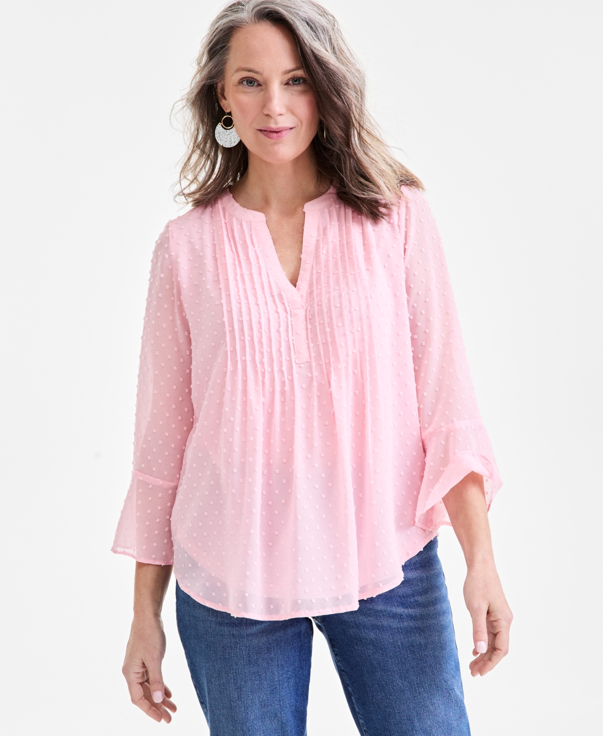 Women's Textured Pintuck Ruffle Sleeve Top, Regular & Petite, Created for Macy's - Peachy Pink