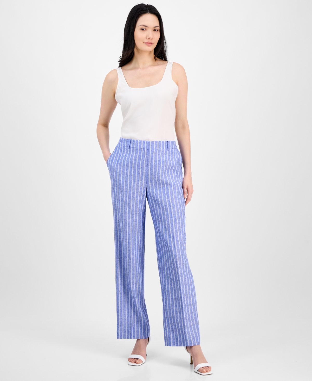 Women's Striped Creased Straight-Leg Pants - Santorini Blue/bright White