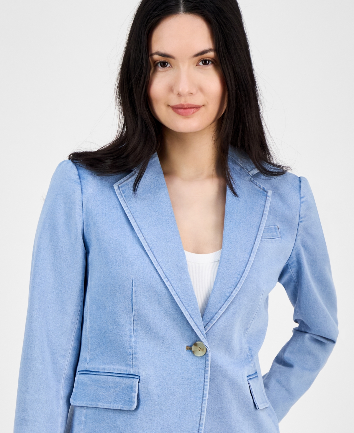 Shop Anne Klein Women's Denim Notched Collar One-button Blazer In Huntington Wash