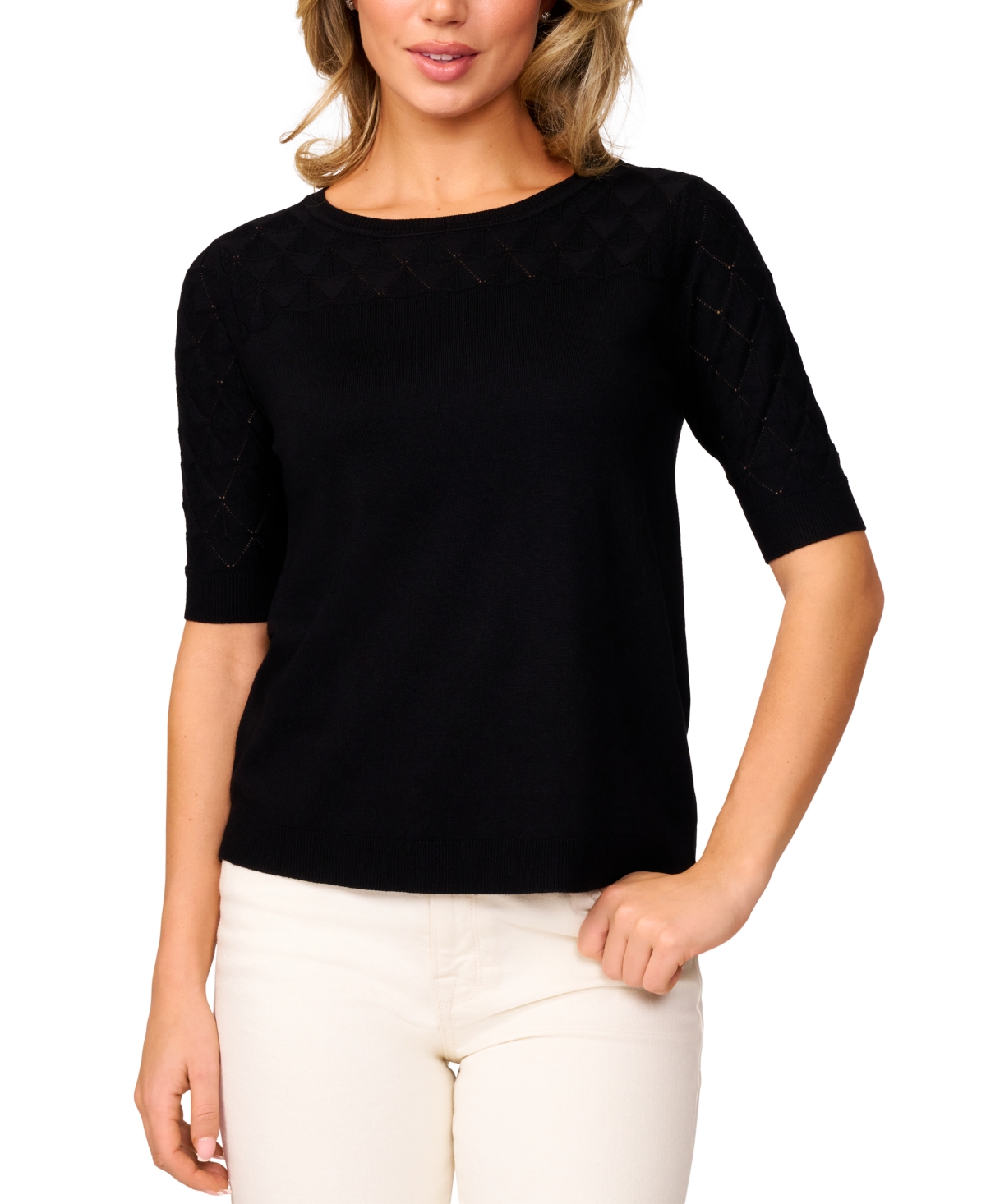 Women's Yoke Wave Stitch Elbow-Sleeve Sweater - Baroque Rose