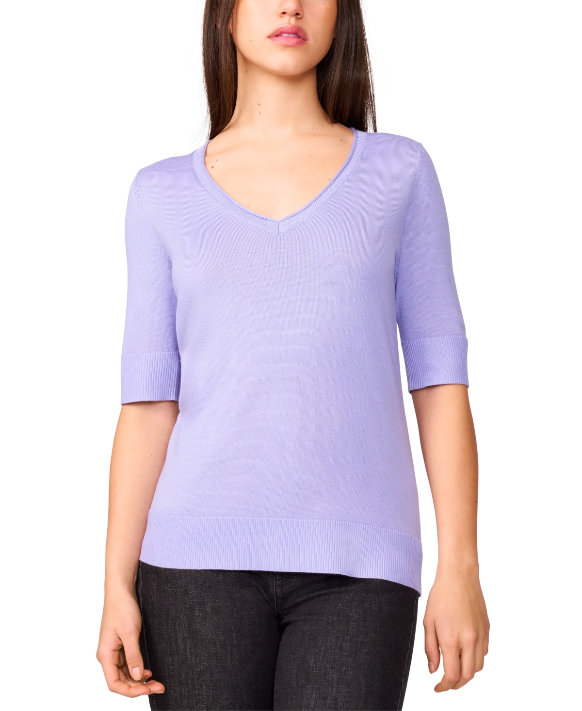 Melissa Paige Petite Rolled V-neck Elbow-sleeve Sweater In Purple