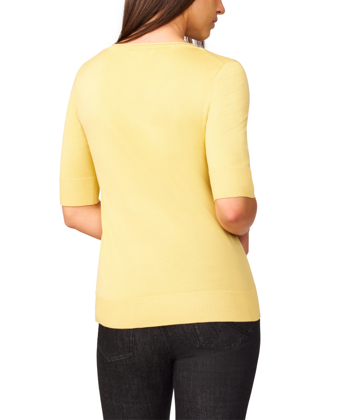 Melissa Paige Petite Rolled V-neck Elbow-sleeve Sweater In Yellow