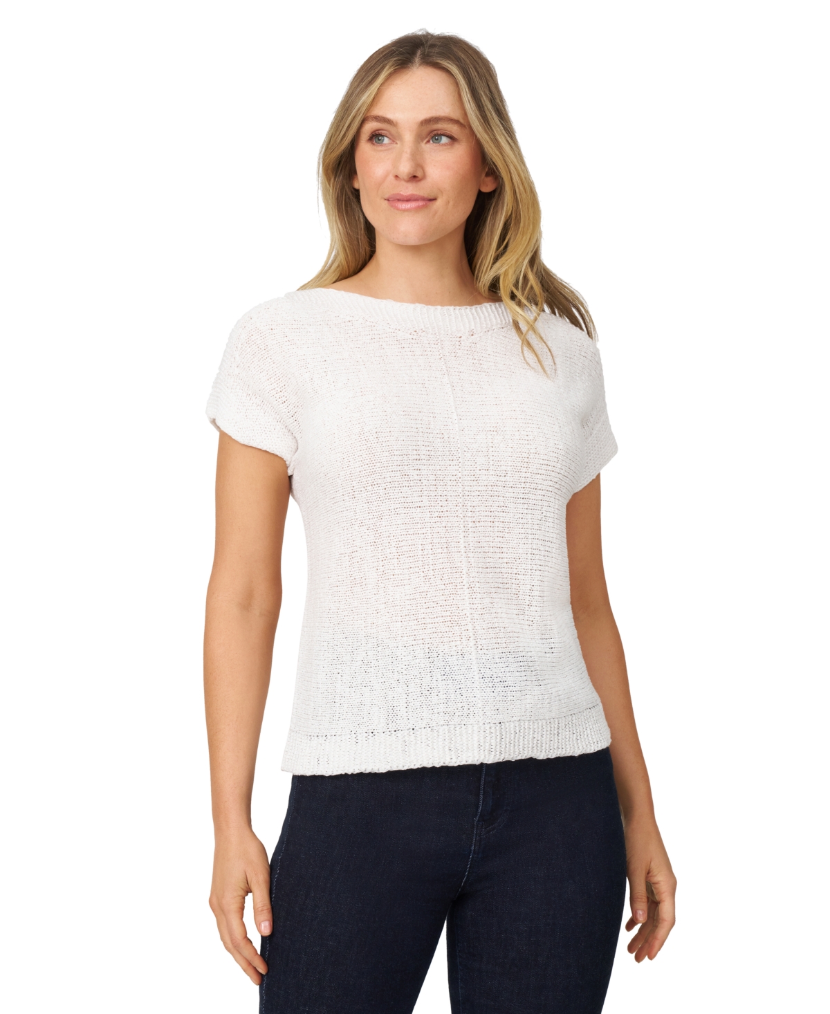 Women's Button-Back Short-Sleeve Tape-Yarn Sweater - Oxford Tan