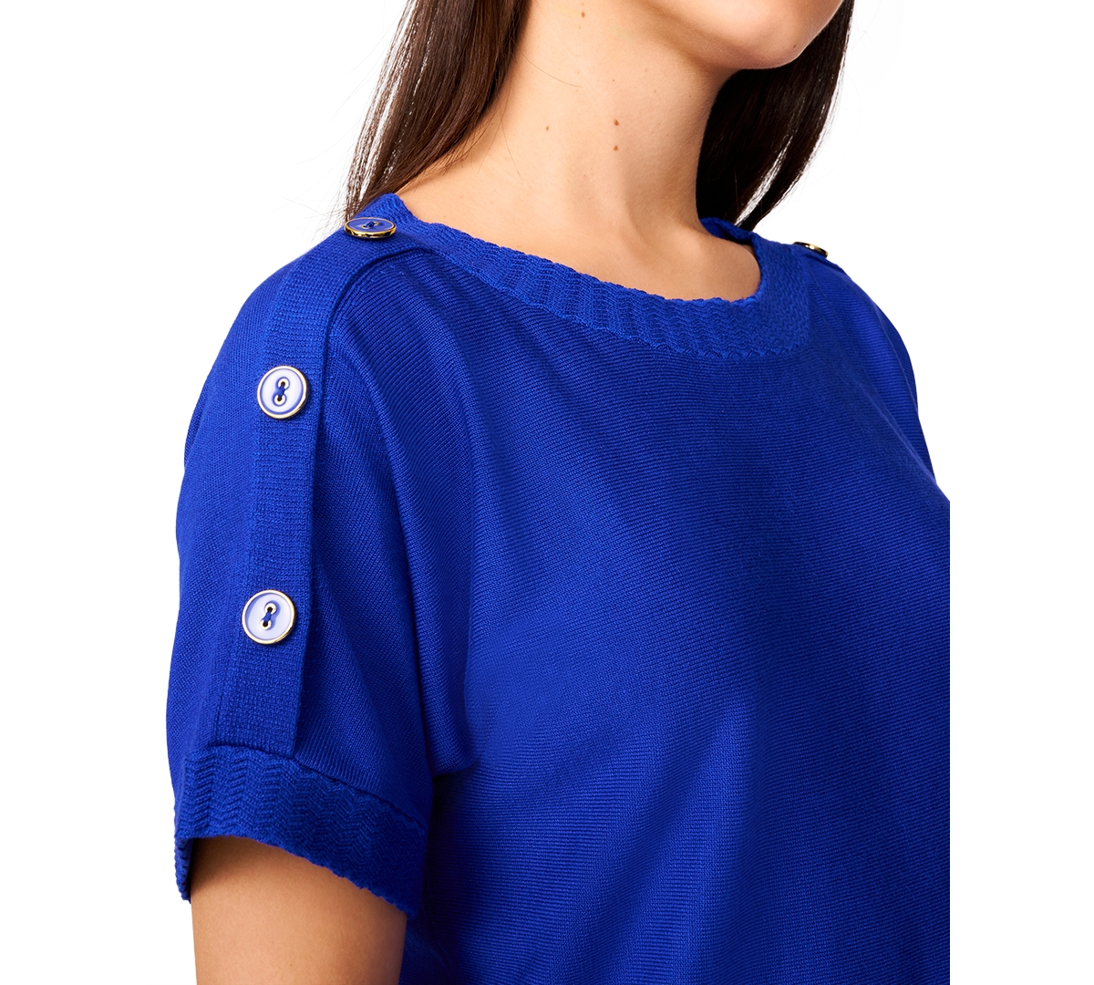 Melissa Paige Petite Button Detail Dolman Short-sleeve Sweater In Blue