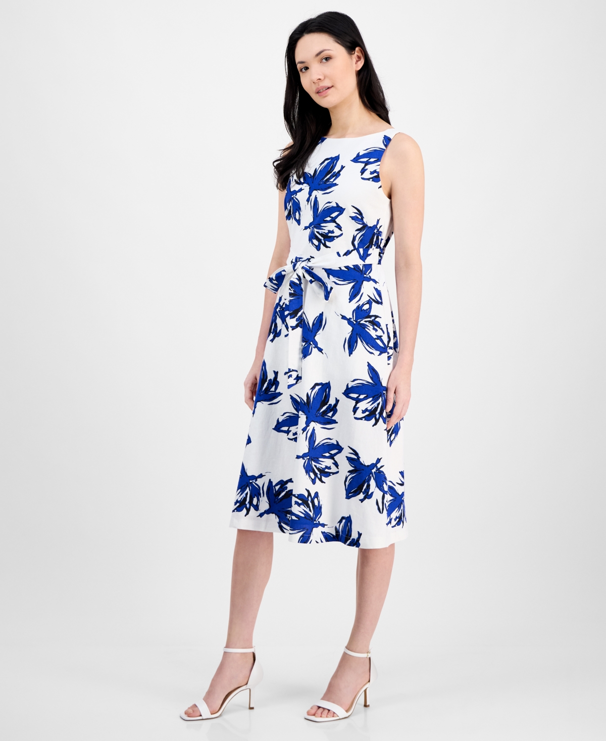Anne Klein Plus Size Floral-print Linen-blend Fit & Flare Dress In Santorini Blue Multi