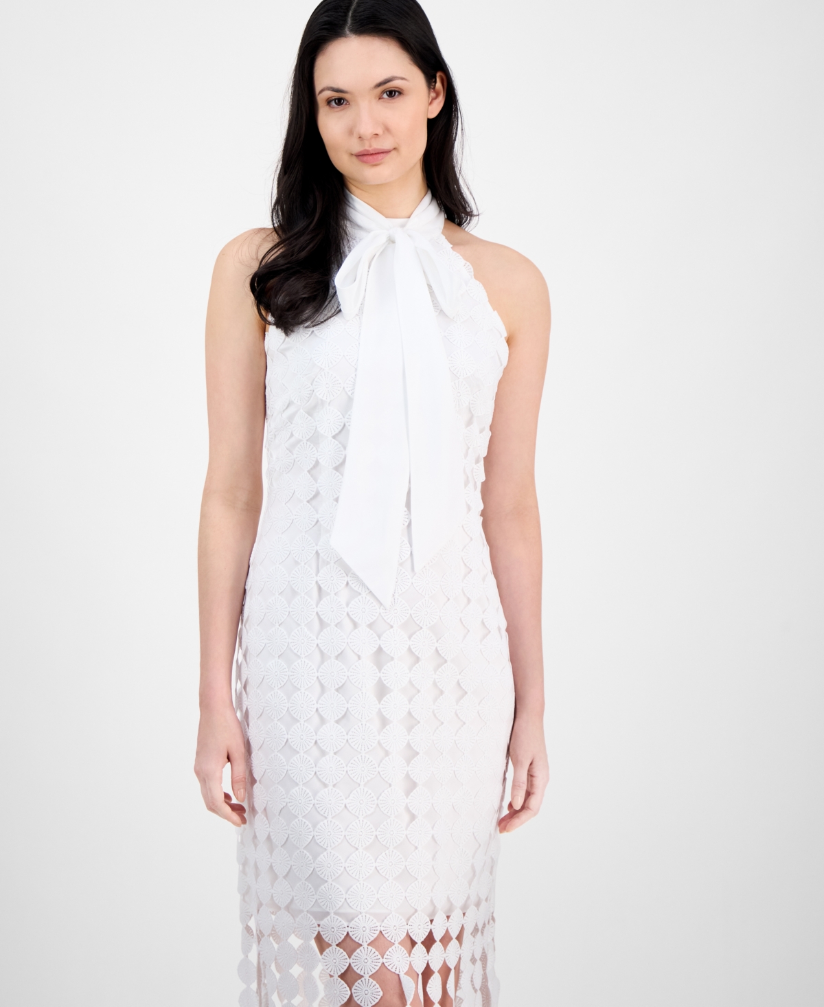 Anne Klein Lace Fringe Hem Sleeveless Maxi Dress In Bright White