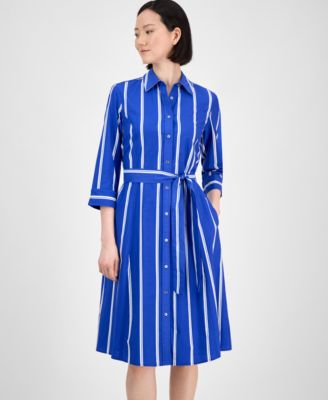 Anne Klein Women's Striped 3/4-Sleeve Midi Shirtdress - Macy's