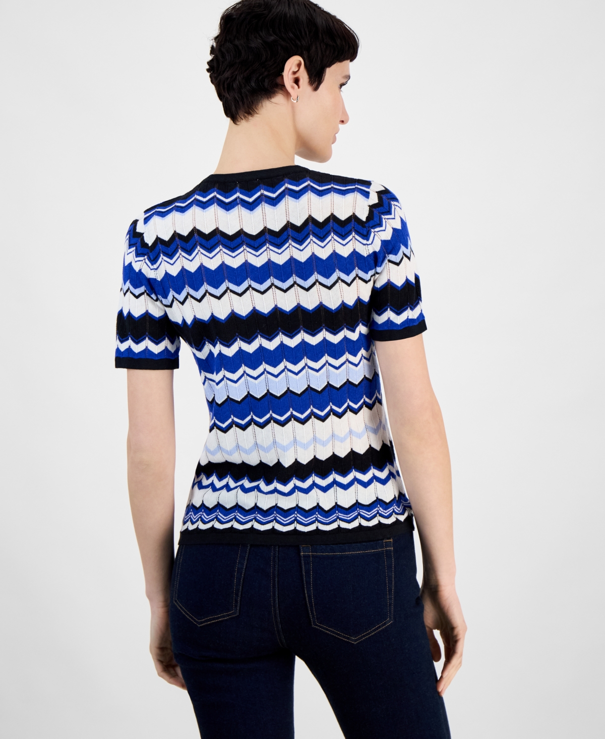 Anne Klein Women's Short-sleeve Chevron Knit Top In Santorini Blue Multi