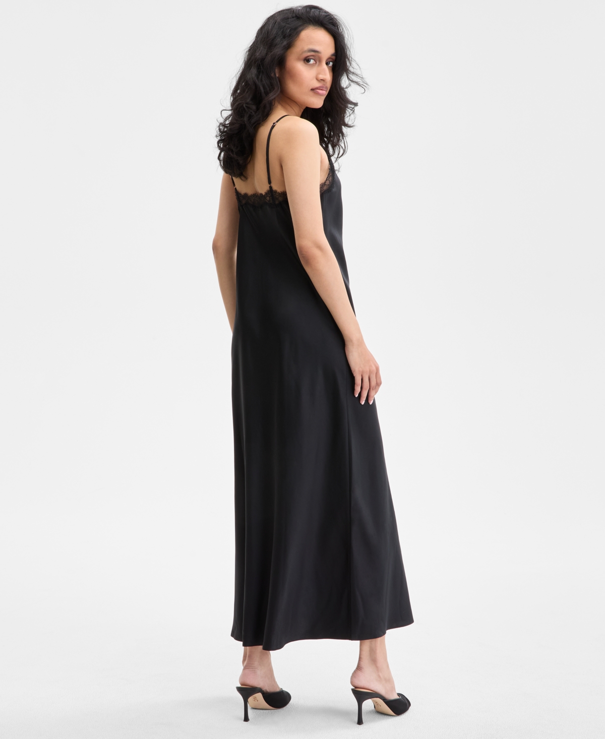 Inc International Concepts Women's Lace-trim Satin Nightgown, Exclusively At Macy's In Deep Black