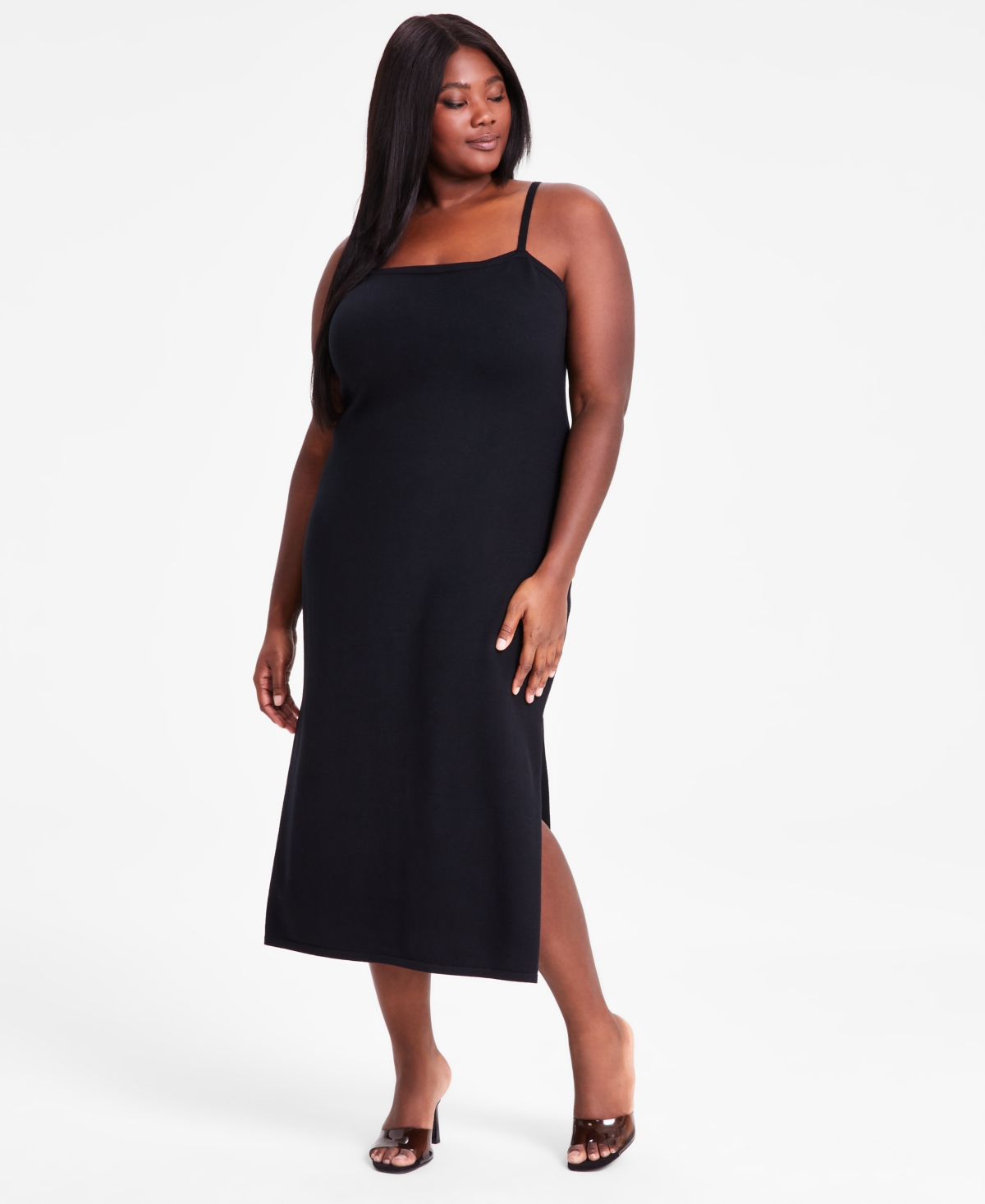Bar Iii Trendy Plus Size Spaghetti-strap Knit Midi Dress, Exclusively At Macy's In Deep Black