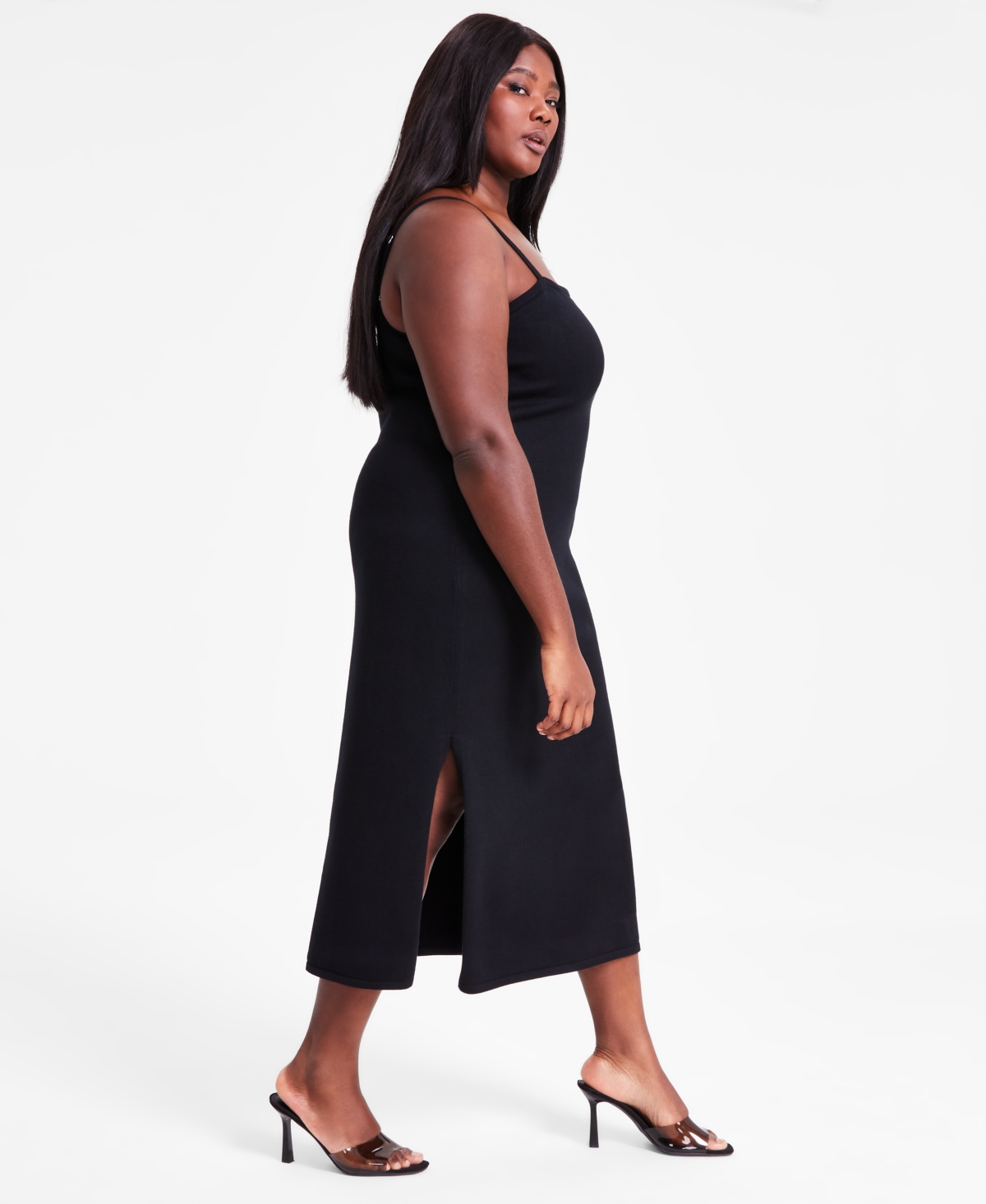 Bar Iii Trendy Plus Size Spaghetti-strap Knit Midi Dress, Exclusively At Macy's In Deep Black
