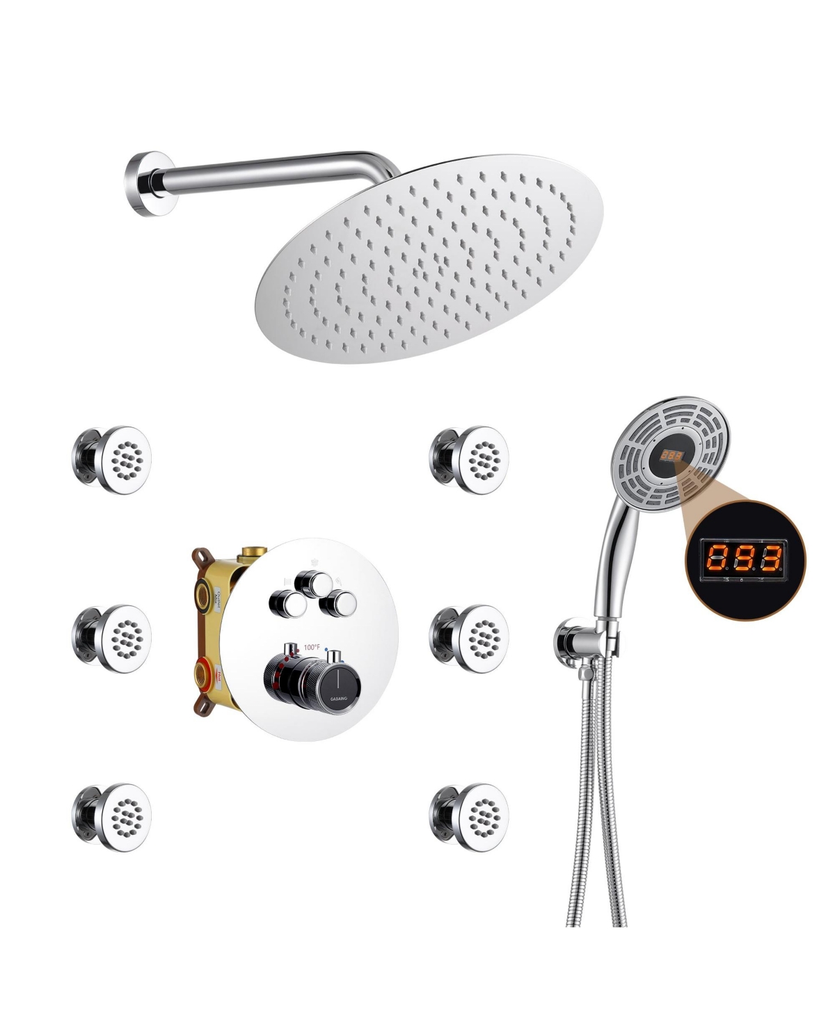 3-Function Luxury Shower Faucet Set Thermostatic Shower System with Side Body Spray Wall-Mounted Shower Head with Handheld Shower - Chrome