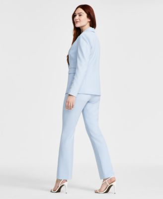 Tahari Asl Womens One Button Twill Blazer Floral Top Flare Leg Pants In Ice Blue