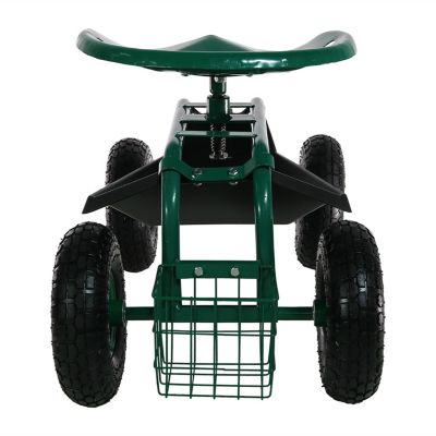 Outdoor Heavy-Duty Steel Rolling Gardening Cart with Adjustable Height Swivel Chair, Tool Tray, and Basket