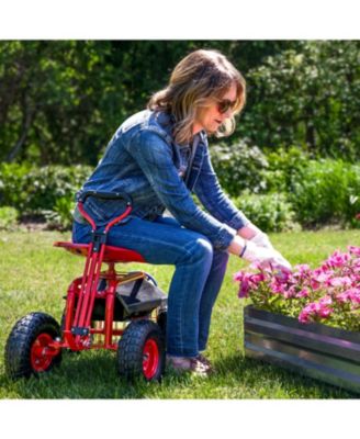 Garden Cart Rolling Scooter with Extendable Steering Handle - Swivel Seat and Utility Basket - Red