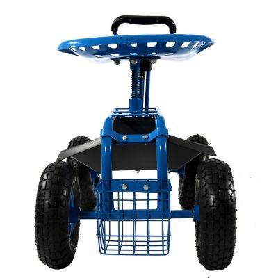 Garden Cart Rolling Scooter with Extendable Steering Handle - Swivel Seat and Utility Basket - Blue