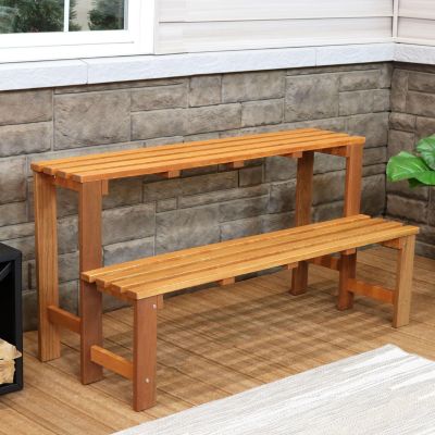 Outdoor Meranti Wood with Teak Oil Finish 2-Tiered Decorative Succulent Flower Plant Shelf Stand - 24" - Brown