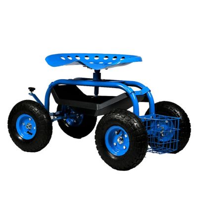 Rolling Gardening Cart with Adjustable 360-Degree Swivel Seat - Utility Tool Tray and Storage Basket - Blue
