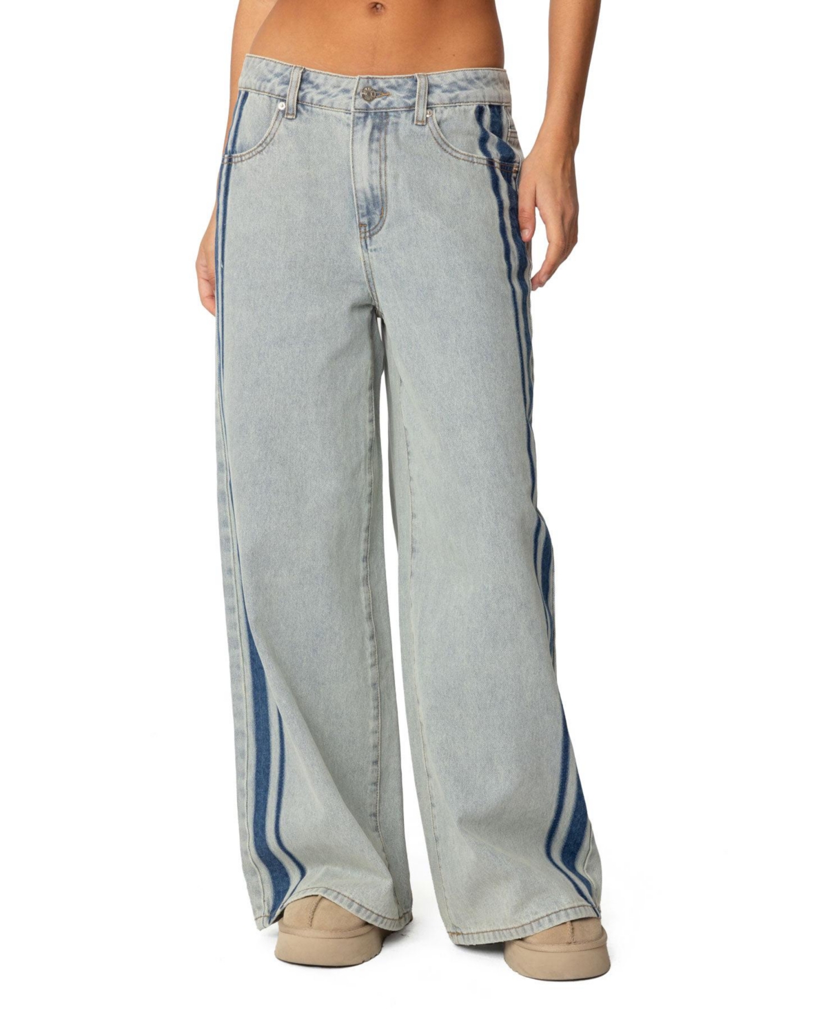 Womens Side Stripe Washed Low Rise Jeans - Light blue
