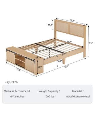 Queen Bed Frame with Natural Rattan Headboard, Platform Bed Frame Queen Size with Storage Headboard