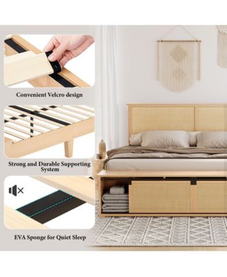 Queen Bed Frame with Natural Rattan Headboard, Platform Bed Frame Queen Size with Storage Headboard
