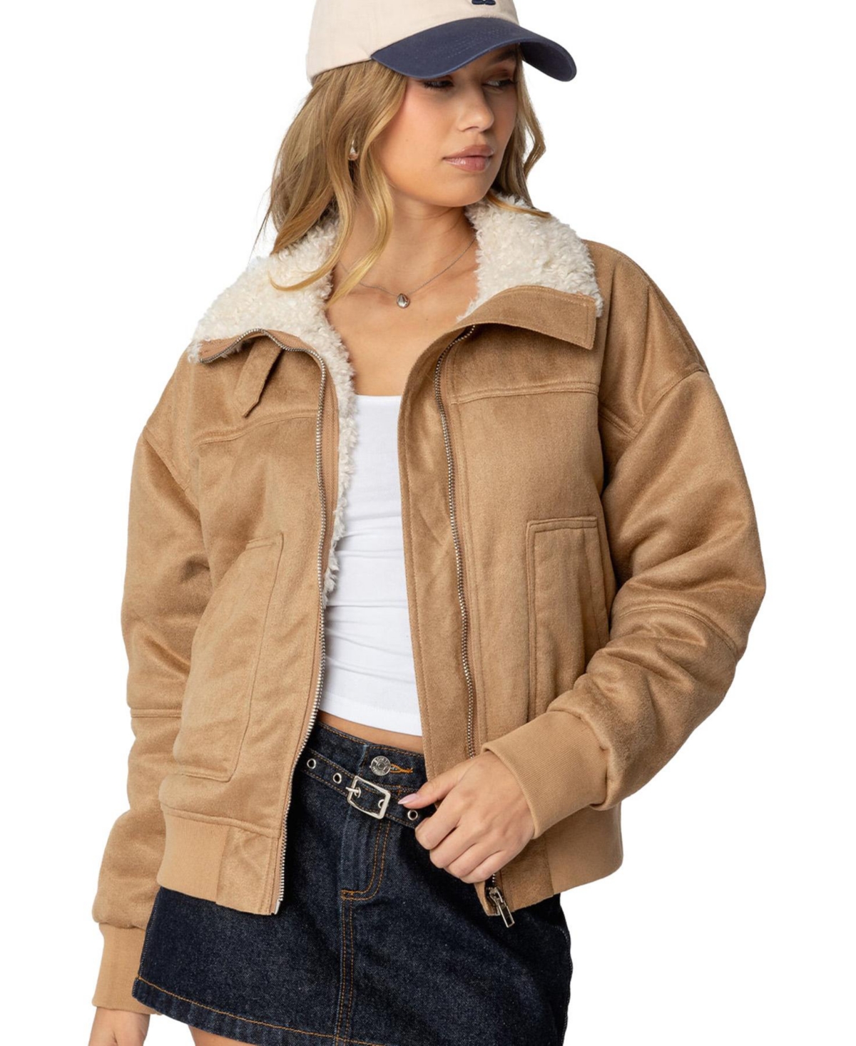 Womens Faux Suede Shearling Bomber Jacket - Tan