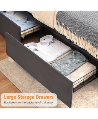 Queen Size Grey Velvet Bed Frame with 4 Convenient Storage Drawers, Wingback Headboard with Charging Station